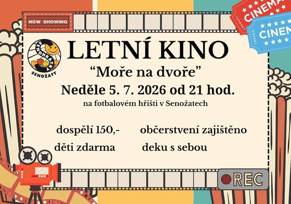 Spolek Senohrátky vás dnes 5.7. zve na fotbalové hřiště na letní kino na film Moře na dvoře.Vstup dospělí 150,-, děti zdarma.Občerstvení zajištěno.Začátek promítání ve 21 hodin.