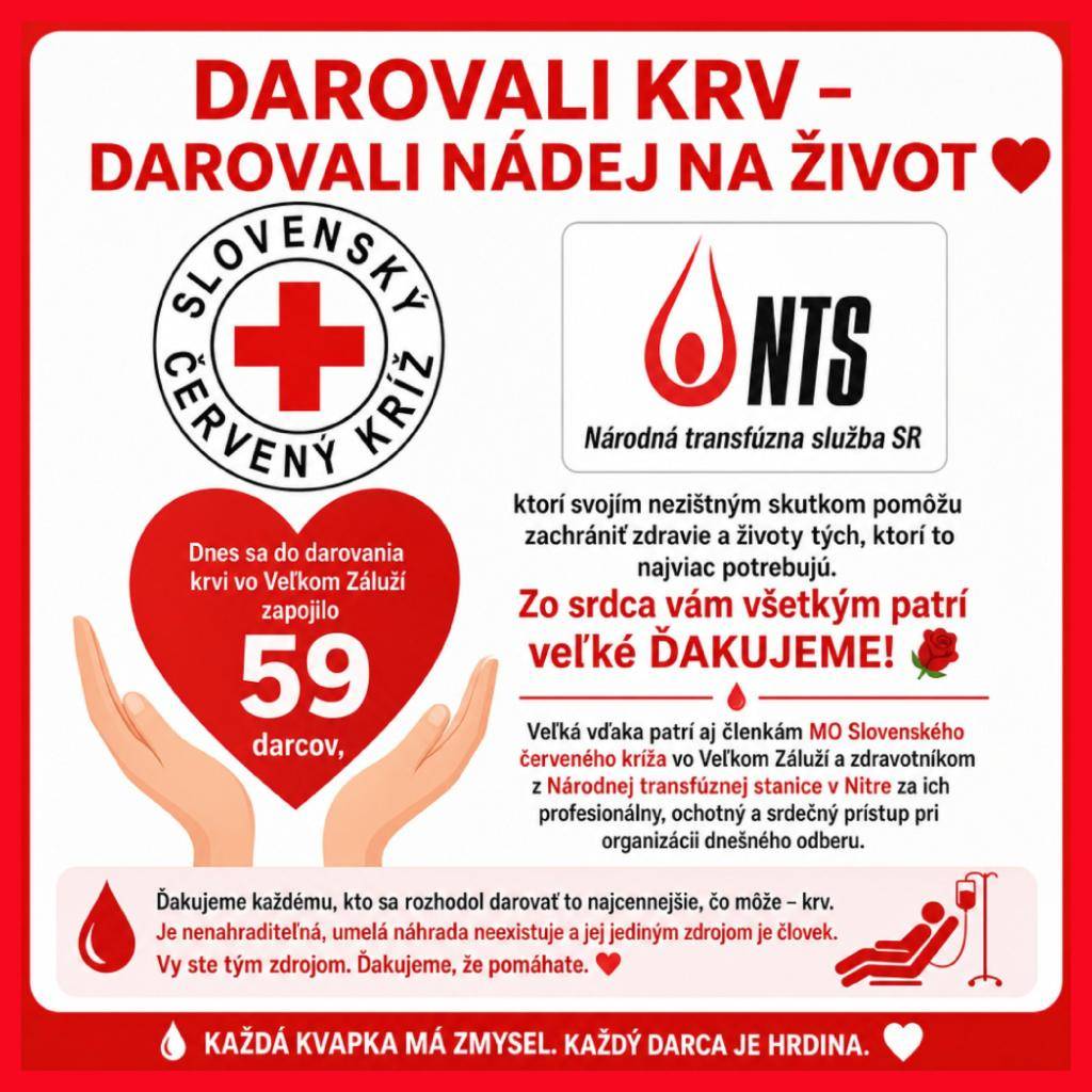 Miestna organizácia Slovenského červeného kríža vo Veľkom Záluží, Národná transfúzna stanica Nitra a Obec Veľké Zálužie sa chcú poďakovať všetkým darcom za toto krásne gesto, ktorým prispeli k záchrane mnohých životov. Darovať krv prišlo 59 darcov.  Všetkým ešte raz ďakujeme.