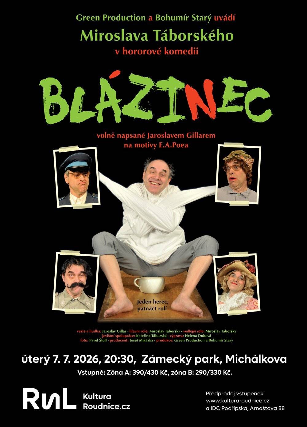 Co se stane, když se vlády v psychiatrickém ústavu zmocní sami pacienti? To zjistíte v mrazivé, ale i divoce zábavné hře plné černého humoru, absurdních situací a nečekaných zvratů inspirovaných E. A. Poem. Miroslav Táborský v jedinečné inscenaci jednoho herce pod širým nebem v roudnickém zámeckém parku. Již dnes od 20:30! Vstupenky zakoupíte on-line, v Informačním a dopravním centru Podřipska i na místě před představením.