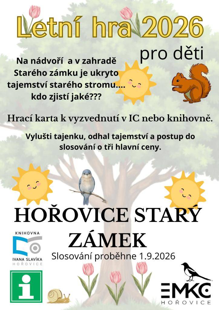 Prázdninová hra pro děti ve venkovních prostorách Starého zámku v Hořovicích. Stavte se vyluštit tajenku a dozvědět se krásný příběh jednoho velmi starého stromu v Panské zahradě.  Hrací karta a podrobné info v Knihovně I. Slavíka a v IC.