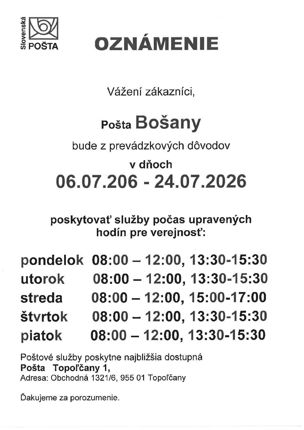 Upozornenie o zmene hodín pre verejnosť