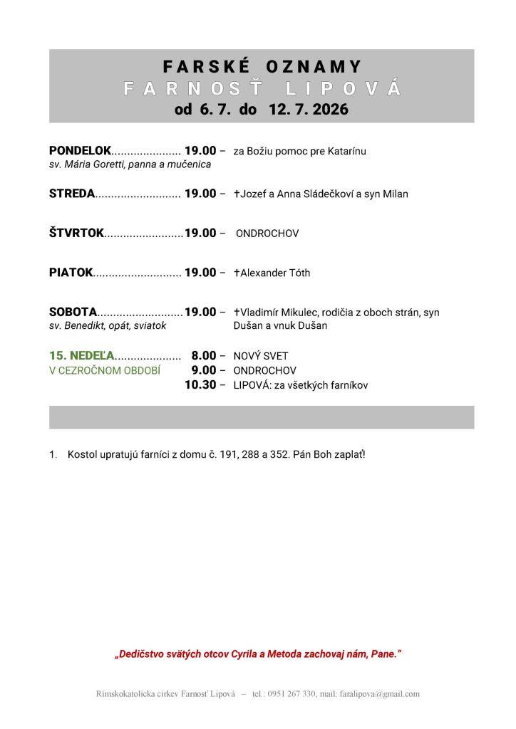 Poriadok bohoslužieb od 06.07. do 12.07.2026
