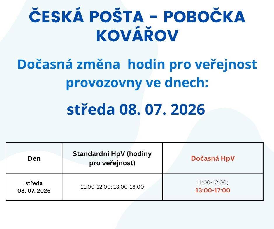 Ve středu 08. 07. 2026 bude pobočka České pošty v Kovářově otevřena do 17:00 hodin.