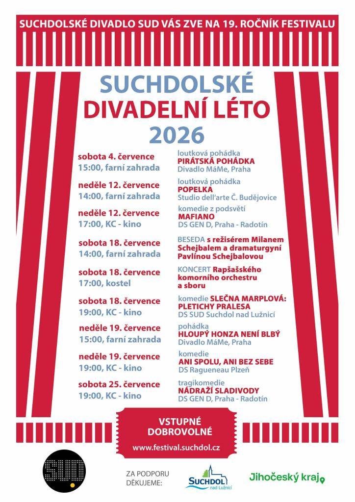 Suchdol nad Lužnicí slaví 120 let divadelní tradice!    Přijďte si užít Suchdolské divadelní léto a oslavit toto krásné výročí společně. Čeká vás skvělá atmosféra, výborná kultura a nezapomenutelné zážitky.    Všichni jste srdečně zváni!