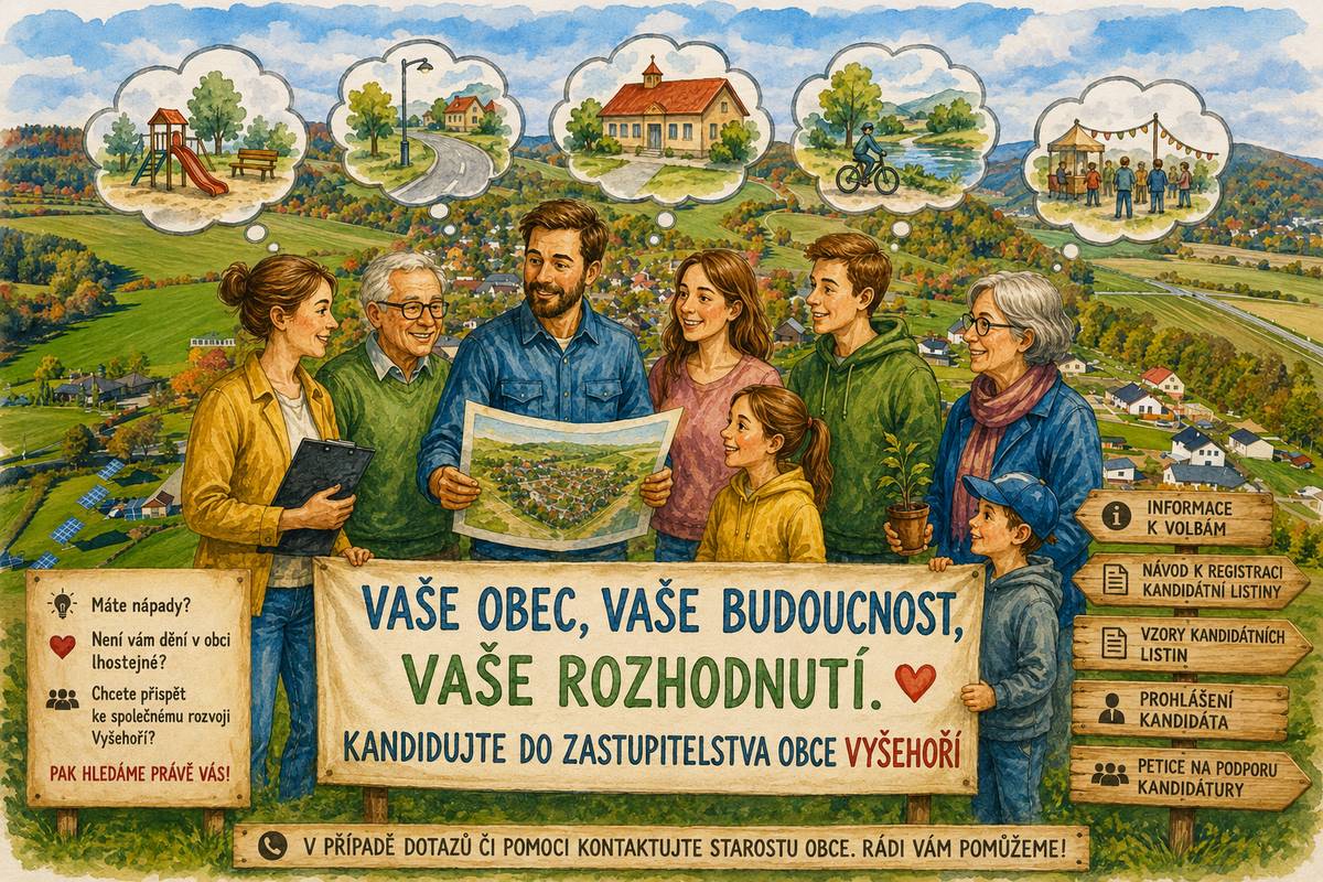 Naše obec je taková, jakou si ji společně vytváříme. Každý nový nápad, ochota pomoci nebo chuť něco zlepšit mohou přispět k tomu, aby se ve Vyšehoří dobře žilo všem generacím. V letošním roce nás čekají volby do Zastupitelstva obce Vyšehoří. Pokud Vám není dění v obci lhostejné, máte zájem podílet se na rozhodování o jejím rozvoji a chcete přispět svými zkušenostmi, znalostmi nebo novými nápady, zvažte svou kandidaturu. Členem zastupitelstva se může stát každý občan, který splňuje zákonné podmínky. Nezáleží na tom, zda máte předchozí zkušenosti s komunální politikou – důležitá je především chuť pracovat pro obec, naslouchat občanům, spolupracovat s ostatními a hledat řešení, která budou přínosem pro celou obec. Budoucnost Vyšehoří je v rukou nás všech. Nebojte se udělat první krok a zapojte se. Právě Vy můžete svým přístupem a aktivitou pomoci posunout naši obec zase o kousek dál. Veškeré informace k volbám naleznete zde, včetně návodu k registraci kandidátní listiny, vzorů kandidátních listin, prohlášení kandidáta i vzoru petice na podporu nezávislé kandidátní listiny. V případě jakýchkoliv dotazů nebo potřeby pomoci s přípravou kandidátní listiny se můžete obrátit na starostu obce, který Vám rád poskytne potřebné informace a pomoc. Nebojte se ozvat – příprava kandidátní listiny není složitá a rádi Vám s celým procesem pomůžeme.