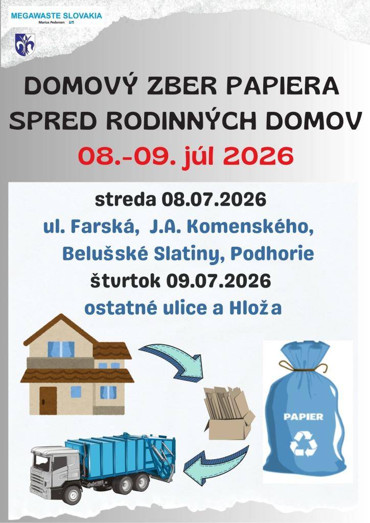 V stredu a vo štvrtok 8.-9.7.2026 bude domový zber papiera. Modré plastové vrecia naplnené papierovým odpadom treba vyložiť pred dom.