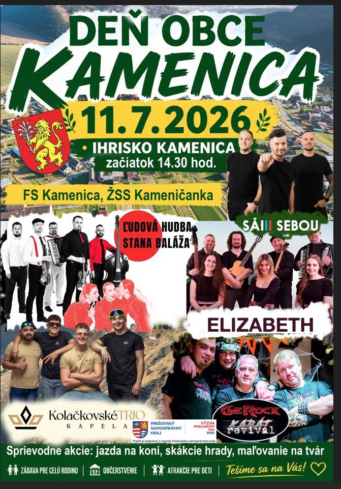 Obec Kamenica pozýva širokú verejnosť na dni obce Kamenica dňa 11. 07. 2026 so začiatkom o 14:30 hod. s bohatým kultúrnym programom.