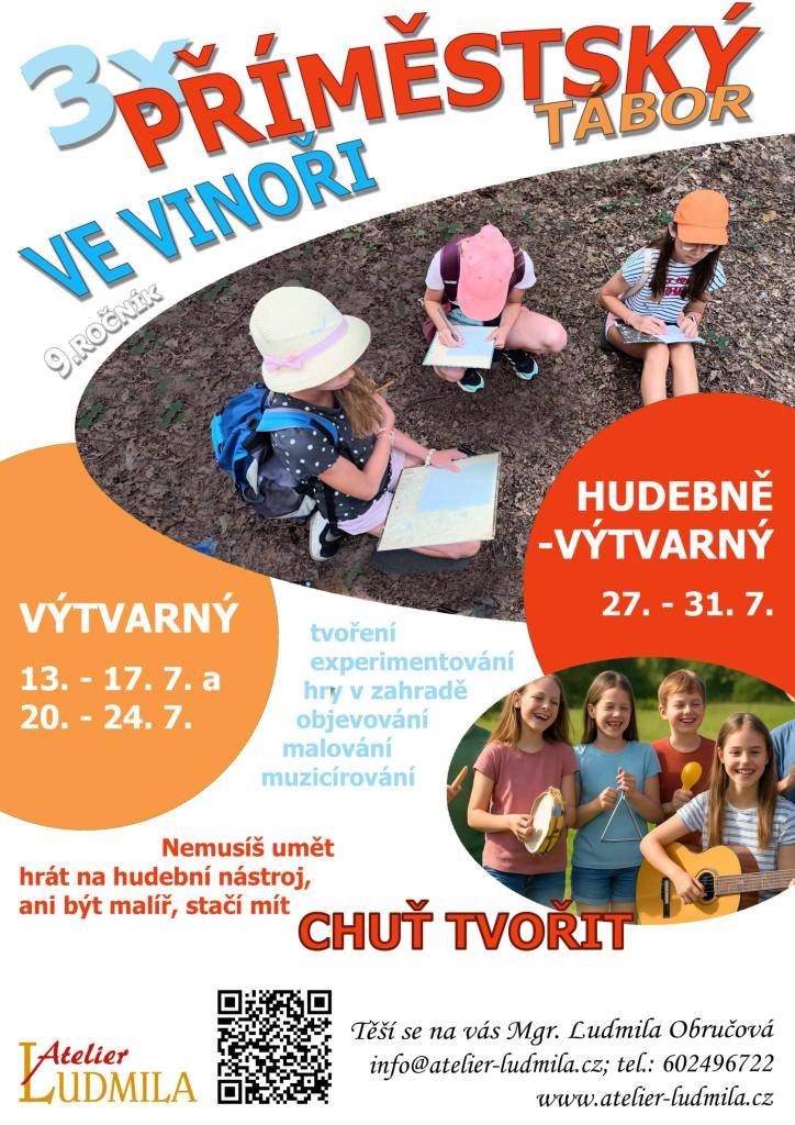13. - 17. 07. 2026  20. - 24. 07. 2026  CHUŤ TVOŘIT  Téma: tvoření - experimentování - hry v zahradě - objevování - malování - muzicírování