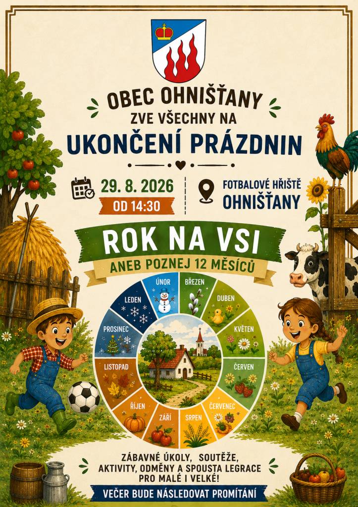 Obec Ohnišťany vás zve na Ukončení prázdnin v sobotu 29.8. ve 14:30 hod. na fotbalovém hřišti.  Přijďte si s nám zopakovat co se může odehrávat v jednotlivých měsících v roce.