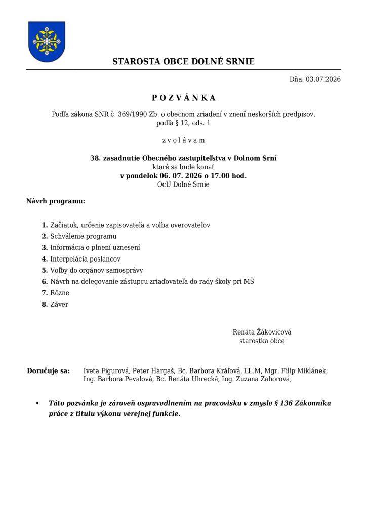 Pozvánka na 38. zasadnutie OZ v Dolnom Srní