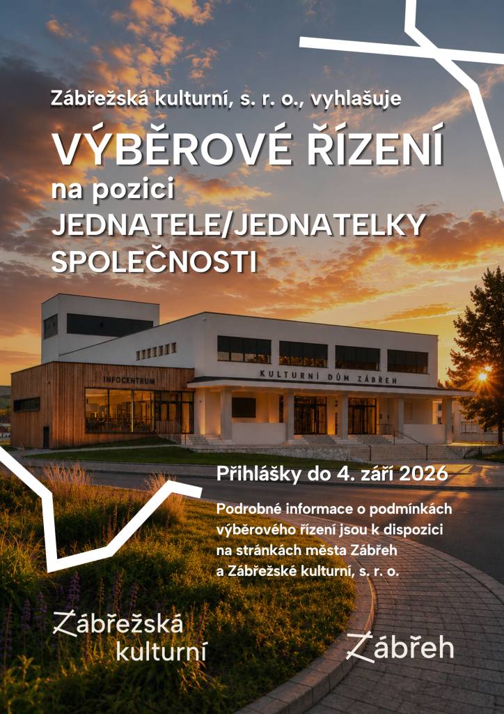 Společnost Zábřežská kulturní vyhlásila výběrové řízení na pozici nového jednatele či jednatelky. Hledá se silná manažerská osobnost se strategickým myšlením, která povede tým zajišťující chod kulturního domu, kina Retro, informačního centra a městského zpravodaje.