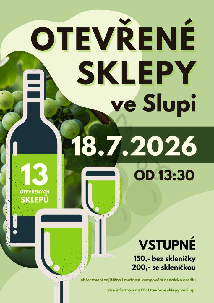 Skupina vinařů Slup zve srdečně na Otevřené sklepy ve Slupi, které se konají v sobotu 18. července 2026 od 13:30. Vstupné je 150 Kč bez skleničky, 200 Kč včetně skleničky, a lze jej zakoupit v každém sklepě. Kulturní program doplní Skaličtí Mužáci a kapela Sklepbojs...