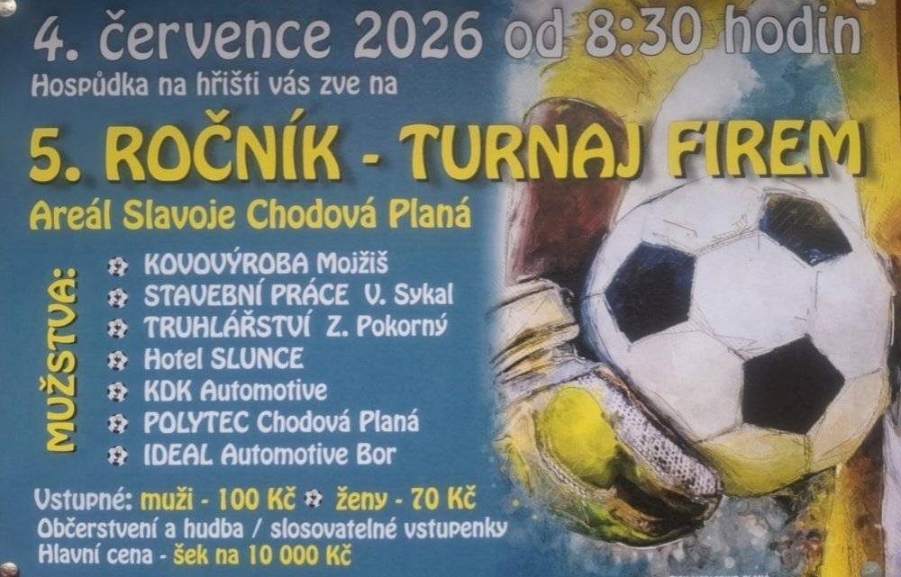 Hospůdka na hřišti srdečně zve všechny spoluobčany v sobotu 4. července 2026 od 8 hodin 30 minut do areálu Slavoj Chodová Planá na 5. ročník Turnaje firem v malé kopané. Po celý den na vás čekají napínavé fotbalové zápasy místních firem, bohaté občerstvení, hudba a slosovatelné vstupenky o hodnotné ceny. Hlavní výhrou je šek na 10 000 korun. Přijďte podpořit soutěžící, užít si příjemnou sportovní atmosféru a strávit hezký den s rodinou a přáteli. Těšíme se na vaši návštěvu!