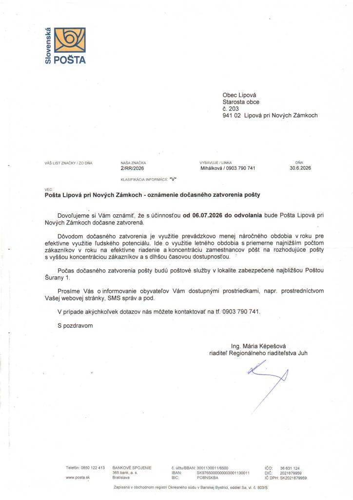 Od 06.07.2026 do odvolania bude Pošta Lipová dočasne zatvorená.
