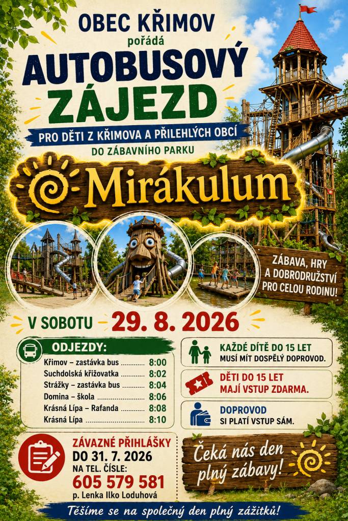 Obec Křimov pořádá pro děti do 15 let zájezd do zábavního parku Mirákulum
