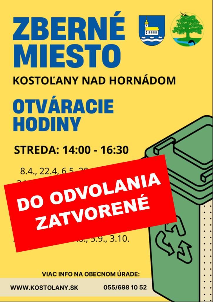 Zberné miesto bude z technických príčin do odvolania zatvorené. O jeho otvorení Vás budeme včas informovať.