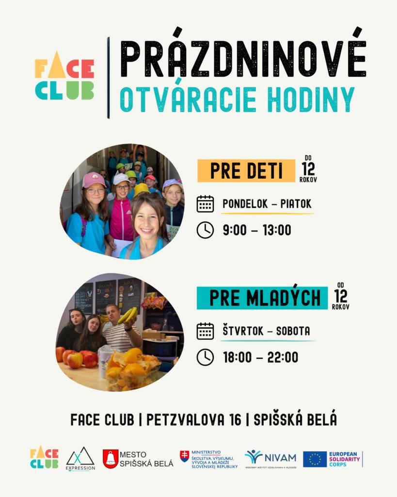 Aj počas letných prázdnin zostáva FACE CLUB otvorený pre deti a mladých ľudí. 😊 Počas júla a augusta ponúkame priestor na stretávanie sa, hry, tvorivé aktivity, šport, oddych a trávenie...