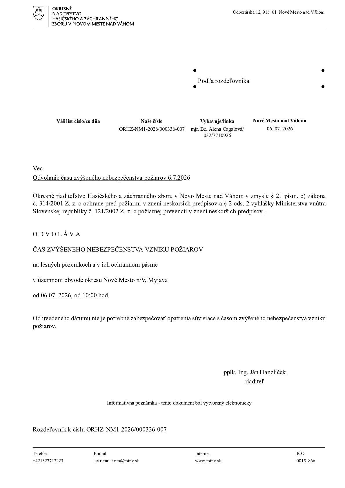Odvolanie času zvýšeného nebezpečenstva vzniku požiaru od 06. 07. 2026, od 10:00hod.