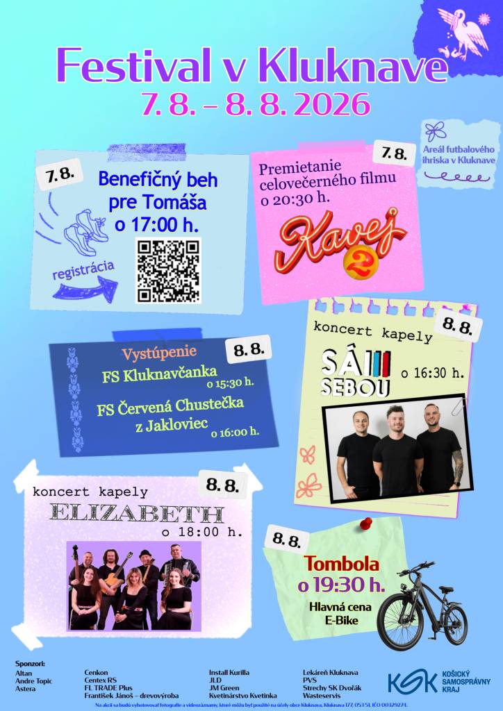 Obec Kluknava nadväzujúc na tradíciu folklórnych slávností "A ot Kľuknavi šedzem miľ" vás pozýva na festival pretkaný benefíciou, letným kinom, hudbou a tancom.