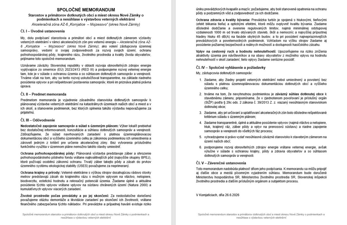Spoločné memorandum, ktoré podpísali starostovia obcí:  Komjatice, Mojzesovo, Černík, Lipová, Maňa, Úľany nad Žitavou, Veľký Kýr, Vinodol, Kmeťovo.
