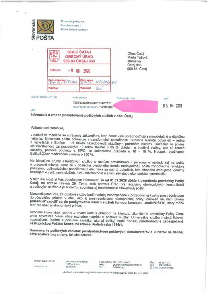Ukončenie poštovej prevádzky v obci Čataj od 01.07.2026.