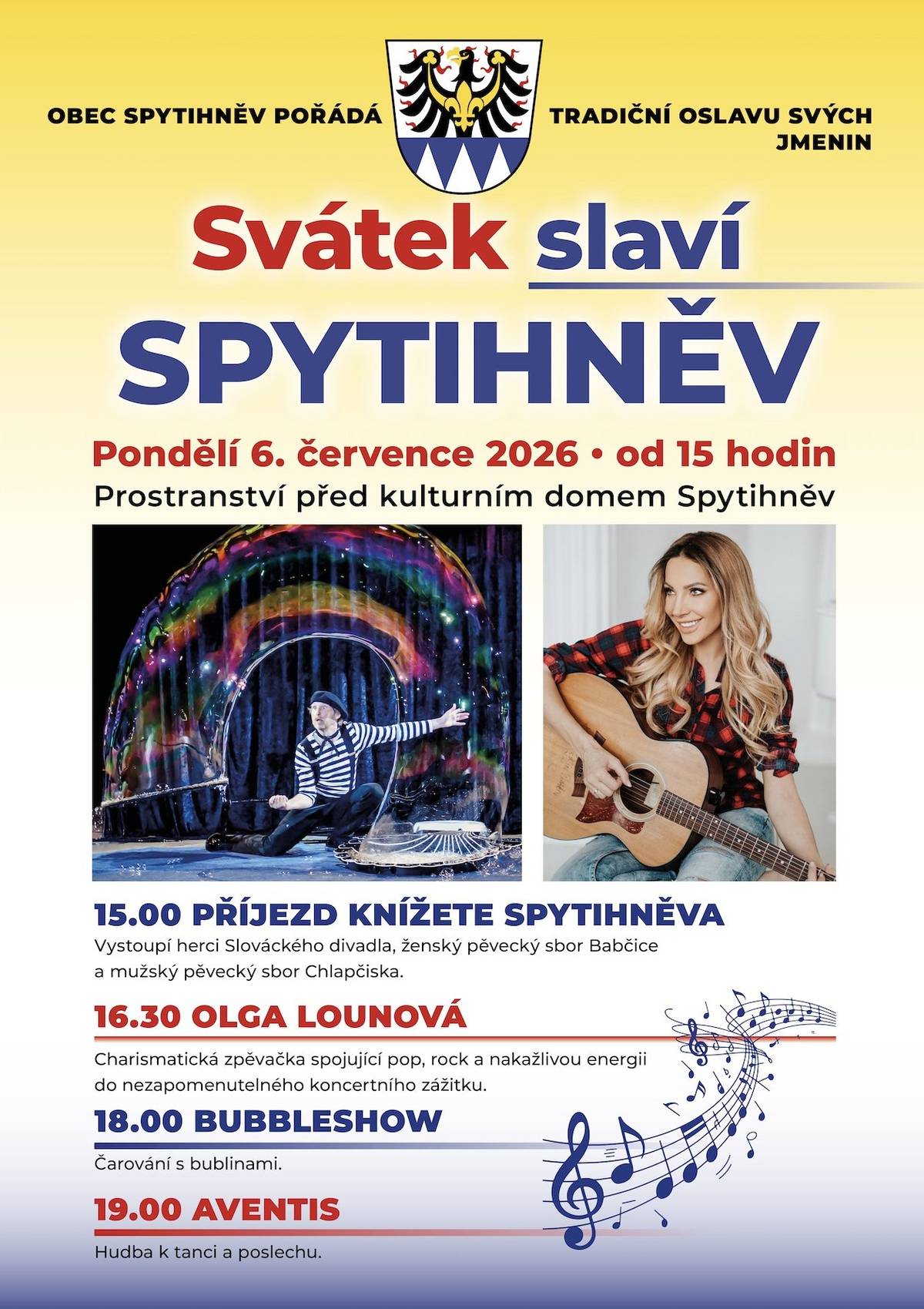 Vážení spoluobčané, srdečně vás zveme na oslavu jmenin naší obce. Začínáme zítra, v pondělí 6. července, v 15.00 hodin. Kompletní program najdete na přiloženém plakátu. Těšíme se na vaši účast. Obec Spytihněv