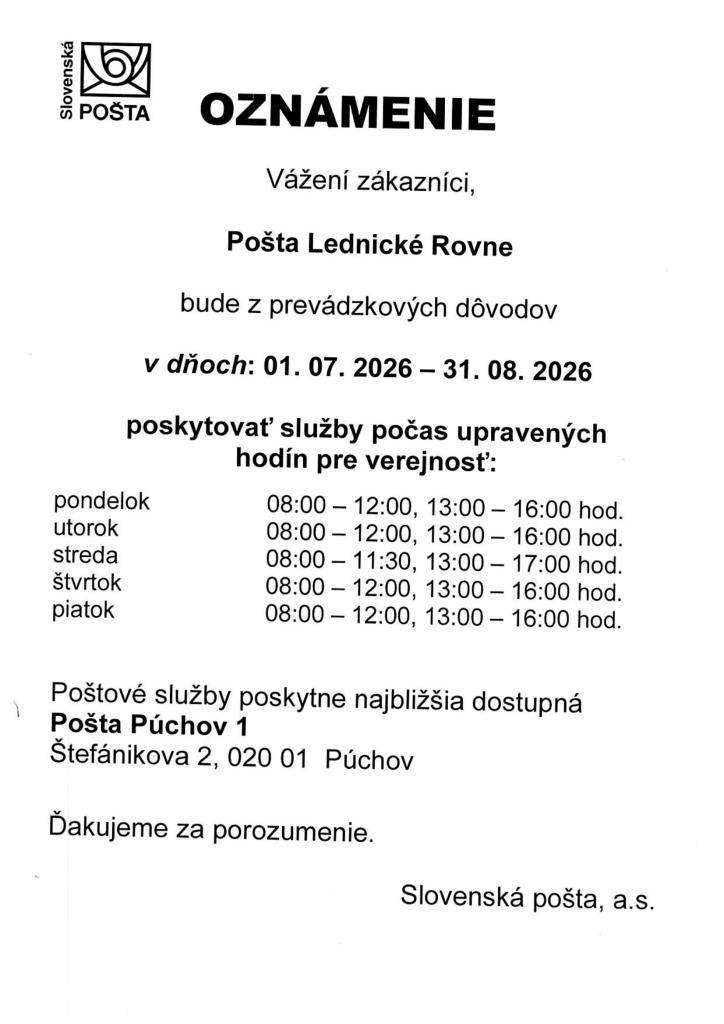 otváracie hodiny pošta
