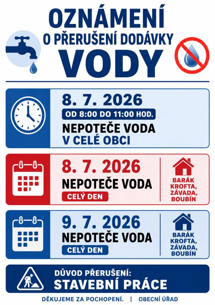 Ve dnech 08.07.2026 - 09.07.2026 dojde k přerušení dodávky vody, viz. informační leták.