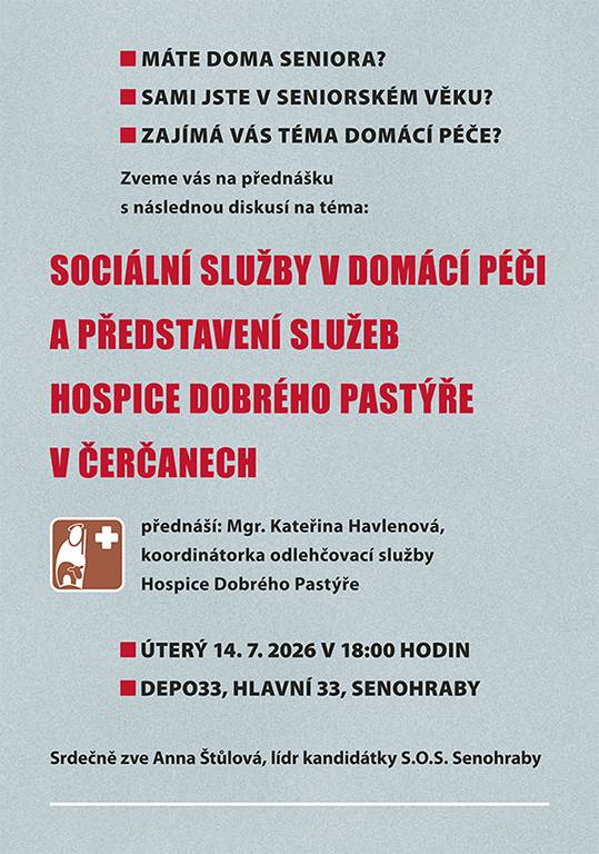 Srdečně zveme na přednášku a diskusi o sociálních službách zejména o seniory v domácí péči, která se koná v úterý 14. 7. v 18 hodin v depo33 u nádraží.