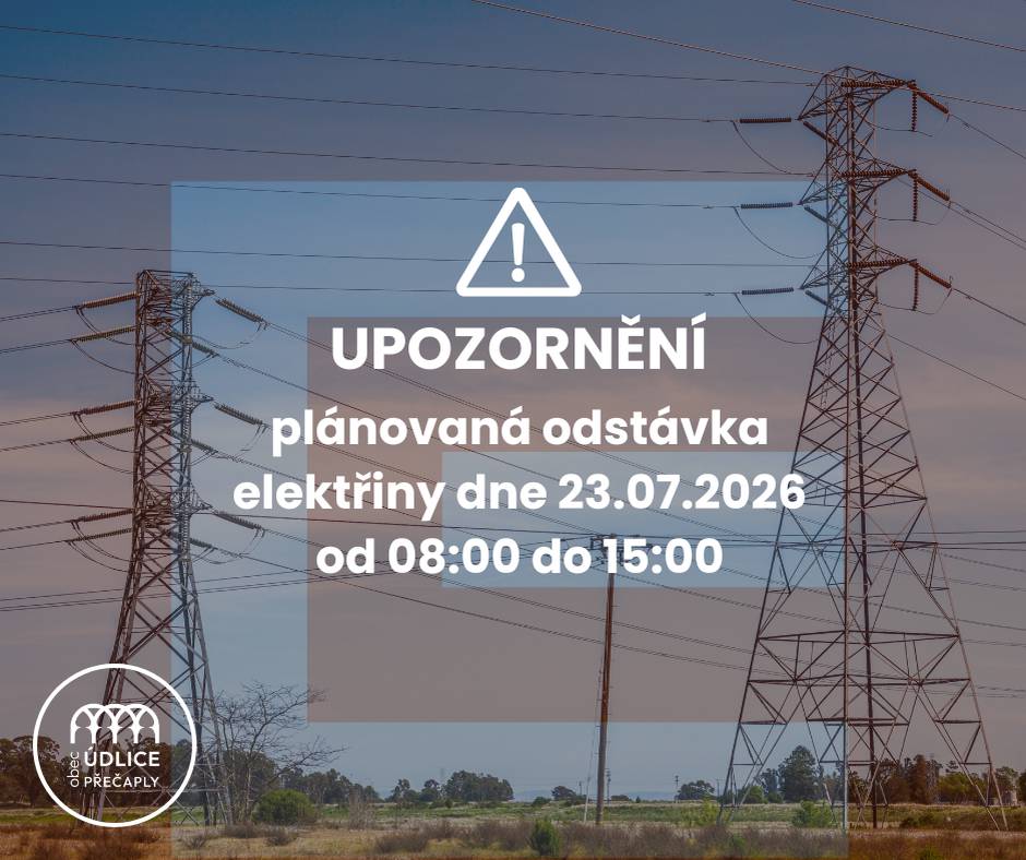 Vážení občané, upozorňujeme na odstávku elektrické energie dne 23.07.2026 od 08:00 do 15:00 hodin.