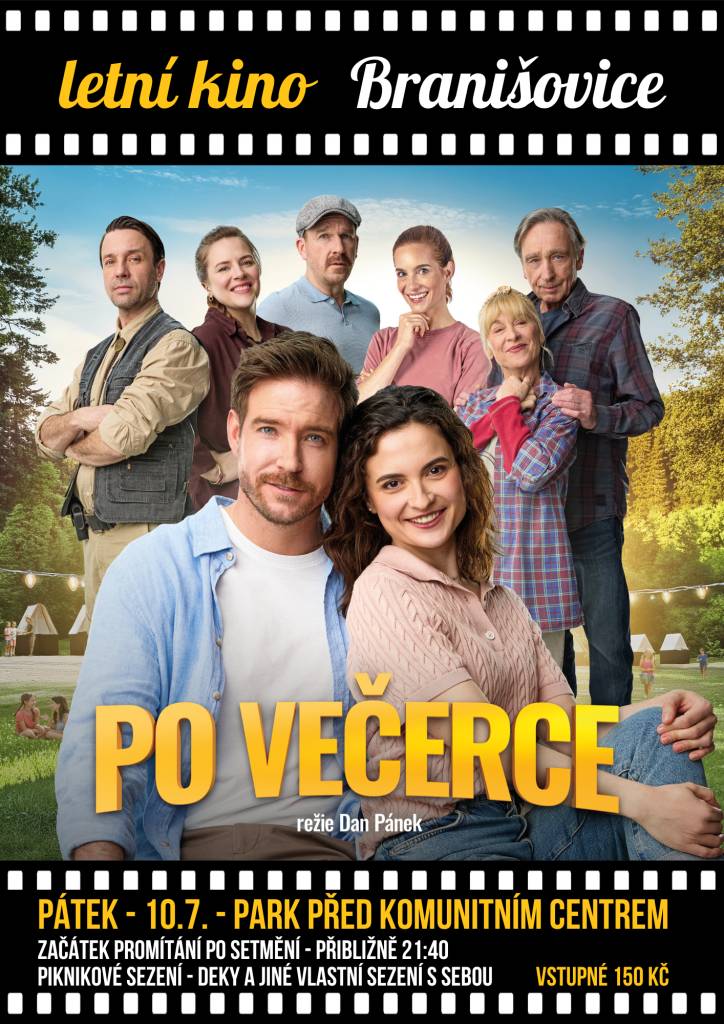 Obec Branišovice všechny srdečně zve na letní kino v pátek 10.7.2026 do parku před komunitním centrem. Promítat se bude nový český film Po večerce. Vstupné je 150 Kč, sezení piknikové – deky a jiné vlastní sezení s sebou. Začátek promítání po setmění, přibližně v 21:40. V případě nepříznivého počasí
