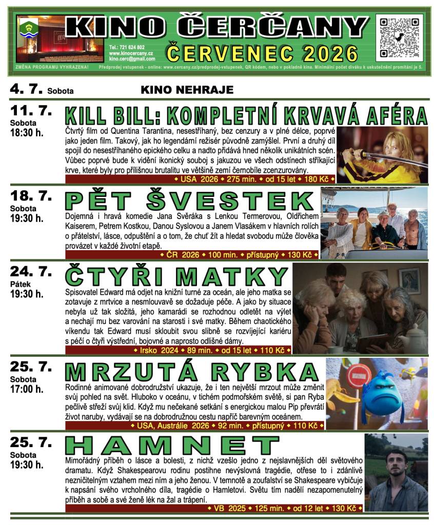 V příloze naleznete program kina v Čerčanech na červenec 2026. Přijďte se podívat na zajímavé filmy a podpořit naše lokální kino.