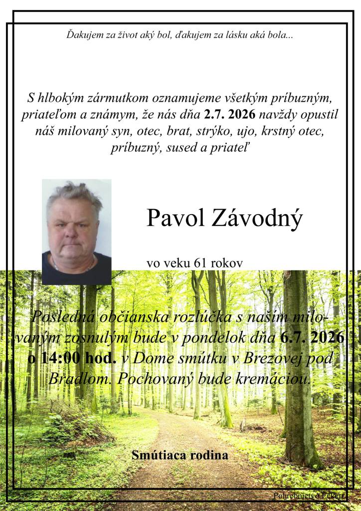 Smútočné oznámenie - Pavol Závodný