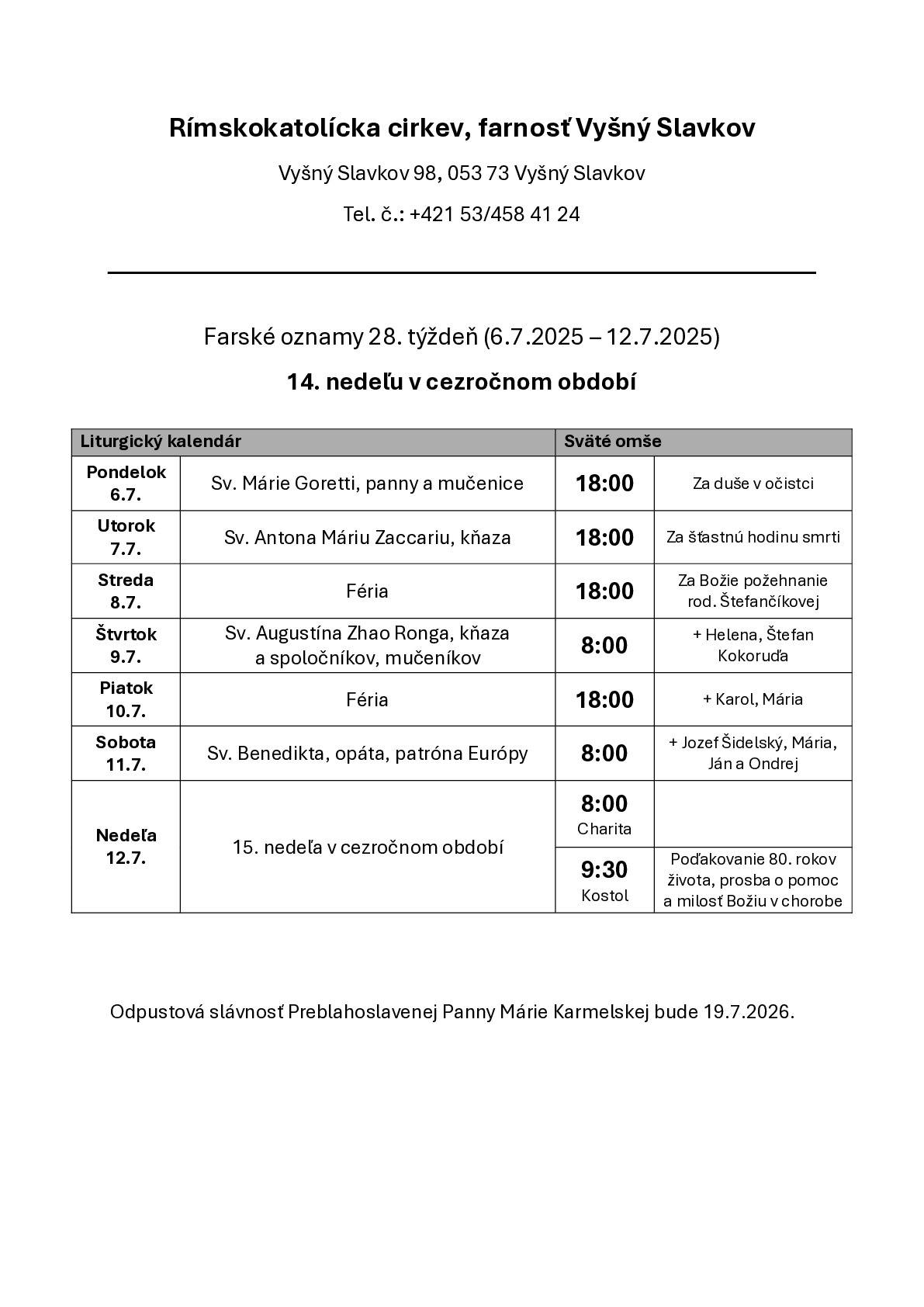 Farské oznamy na 28. týždeň