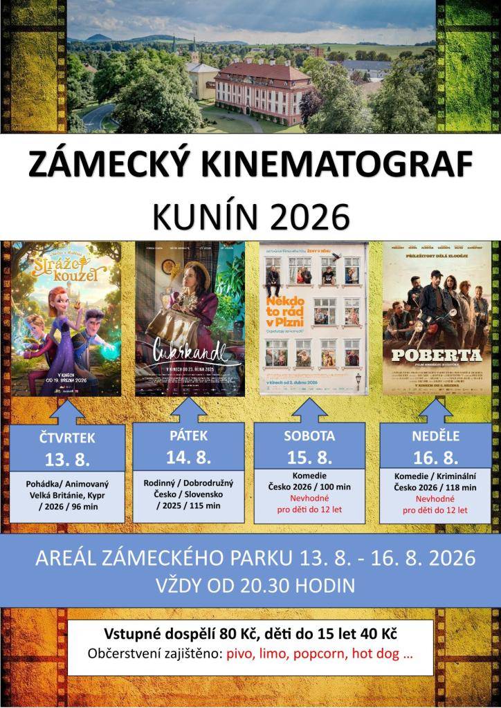 Léto v areálu zámeckého parku v Kuníně bude opět patřit filmu!   Přijďte si užít kouzelné letní večery pod širým nebem.  KDY: 13.–16. srpna 2026  KDE: Areál zámeckého parku Kunín  Začátky promítání vždy od 20.30 hodi