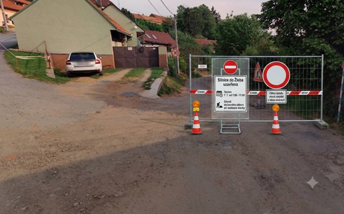 Oznámení:  Dočasné uzavření místní komunikace do Žleba z důvodu záboru při realizace stavby. Místní komunikace bude uzavřena dne 9. 7. 2026 od 7:00 - do 11:00.