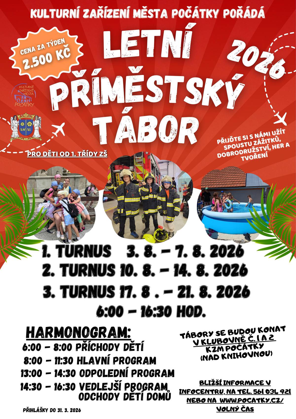 Uvolnilo se místo na 1. turnus dětského tábora!   Máme pro vás skvělou zprávu – na 1. turnus tábora se nám nečekaně uvolnilo jedno místo.   Pokud máte zájem přihlásit své dítě, ozvěte se nám co nejdříve, protože nabídka platí pouze do konce tohoto týdne.   V případě zájmu nás kontaktujte prostřednictvím zprávy nebo na uvedených kontaktech (infocentrum@pocatky.cz, tel.: 561 034 921, www.pocatky.cz)   Těšíme se na dalšího táborníka!