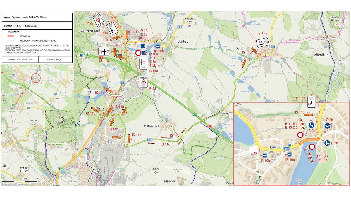 Od 13. července do 13. října 2026 bude z důvodu rekonstrukce zcela uzavřen most na silnici II/348 ve Stříteži. Uzavírka je nezbytná kvůli opravě mostního objektu č. 348-003. Objízdné trasy Objízdná trasa pro veškerý provoz povede přes: Červený Kříž – Heroltice – Jihlavu (II/352) – Ždírec – Střítež a zpět. Celková délka objížďky je přibližně 14 km. Pro pěší Pro pěší zůstane zachován stávající chodník – lávka. Prosíme občany Žádáme všechny občany i návštěvníky obce o zvýšenou opatrnost, respektování přechodného dopravního značení a trpělivost během realizace stavby.
