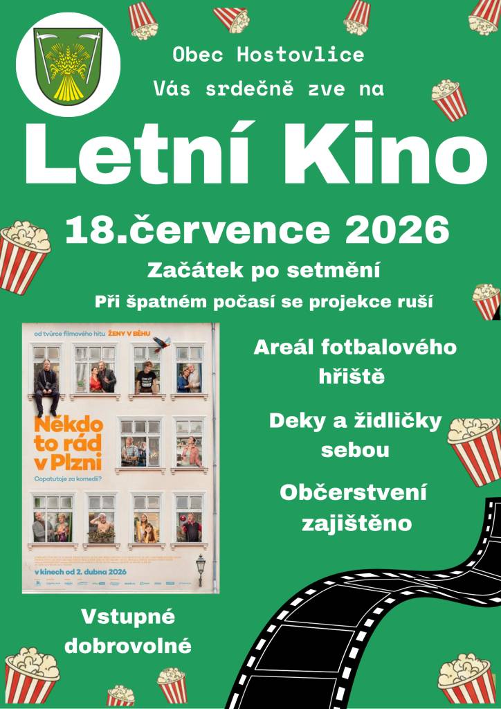 Srdečně vás zveme na Letní kino, které proběhne v sobotu 18. července 2026. Začátek projekce je plánován po setmění na fotbalovém hřišti. V případě špatného počasí se akce ruší, proto doporučujeme sledovat aktuální informace. Doporučujeme si přinést deky a židličky. Občerstvení zajištěno.