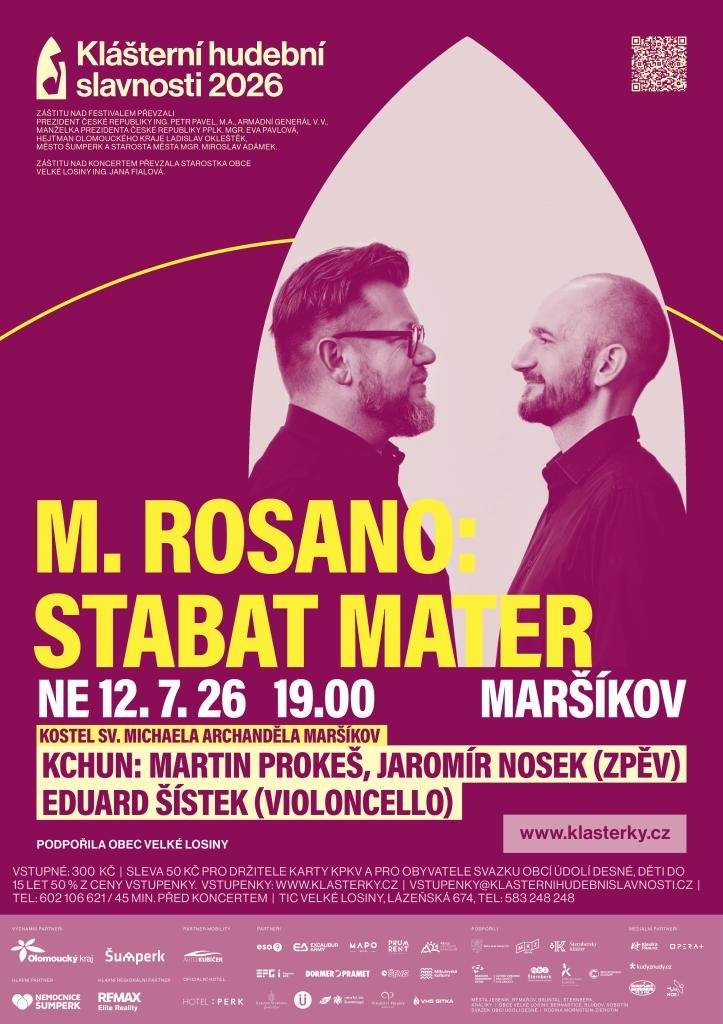 V neděli 12. 7. od 19:00 se koná koncert MARCO ROSANO - STABAT MATER: KCHUN v kostele sv. Michaela v Maršíkově. www.klasternihudebnislavnosti.cz