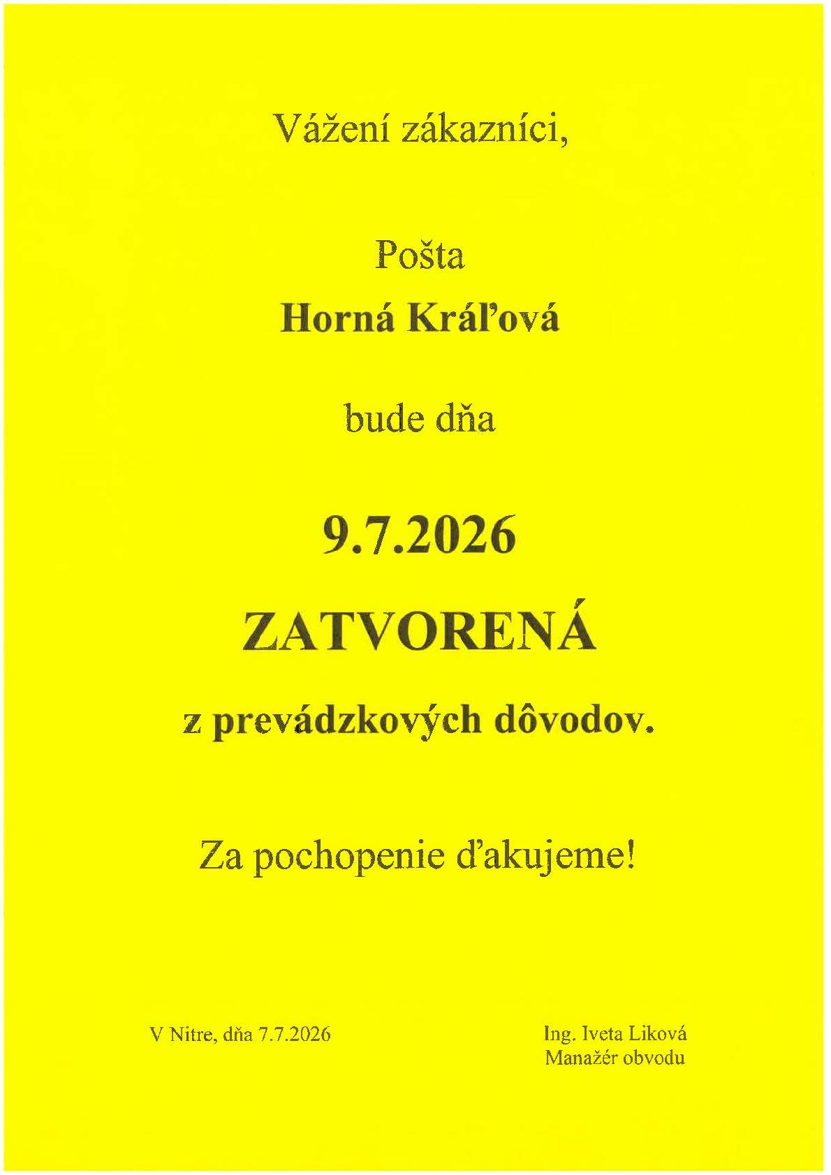 Pošta Horná Kráľová bude 9.7.2026 zatvorená