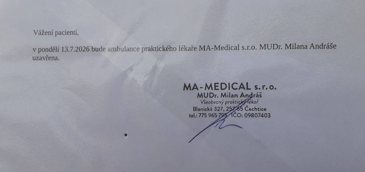 Vážení pacienti,  v pondělí 13.7.2026 bude ambulace praktického lékaře MUDr. Milana Andráše uzavřena.
