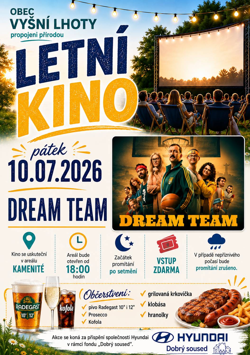 Zveme občany na Letní kino, které se uskuteční v pátek 10. 7. 2026 v areálu Kamenité. Areál bude otevřen od 18:00 hodin a připraveno bude bohaté občerstvení. Plakát v příloze.