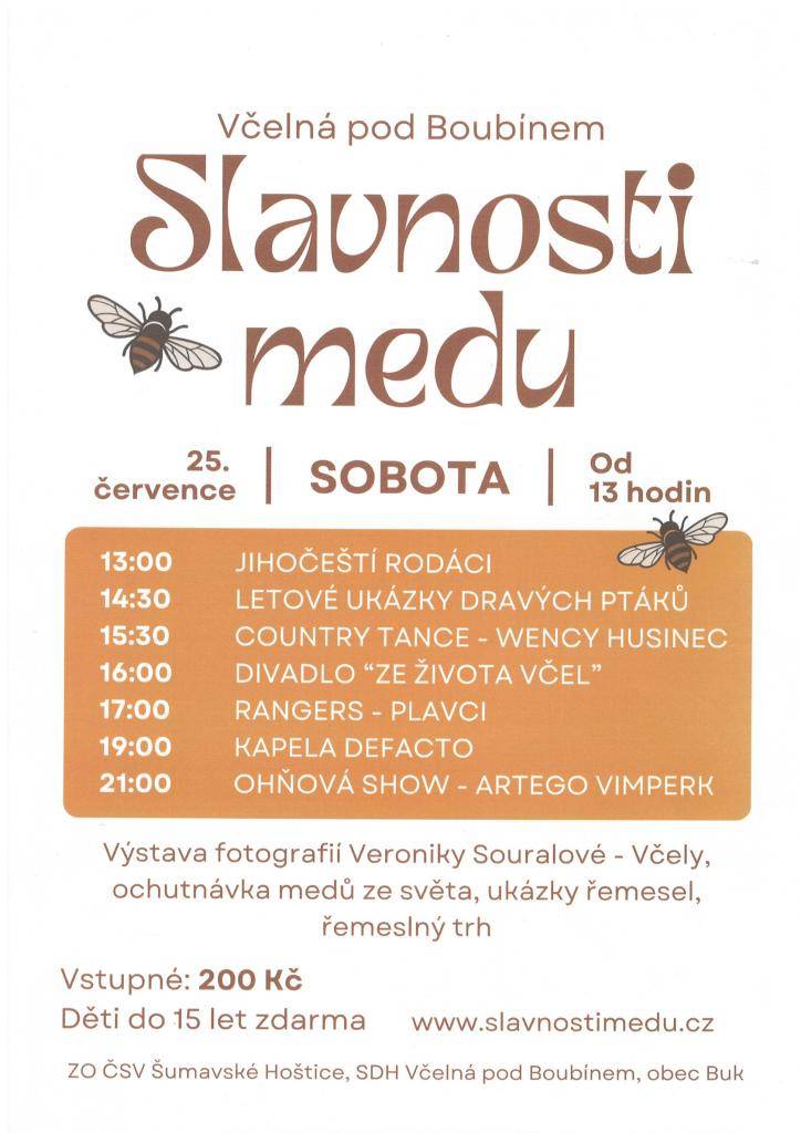 Pozvání na Slavnosti medu, kdy se jedná o XV. ročník a konají se dne 25.7.2026 od 13:00 hodin ve Včelné pod Boubínem.