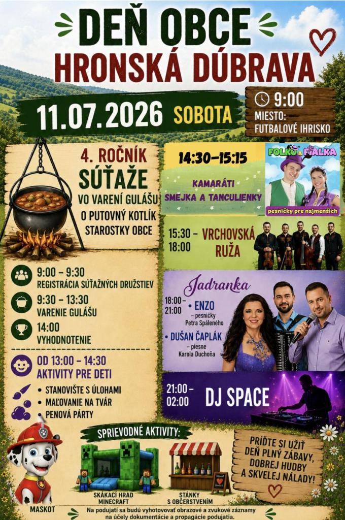 Obec Hronská Dúbrava pozýva na Deň obce Hronská Dúbrava, v sobotu 11.07.2026 od 9,00 hod.