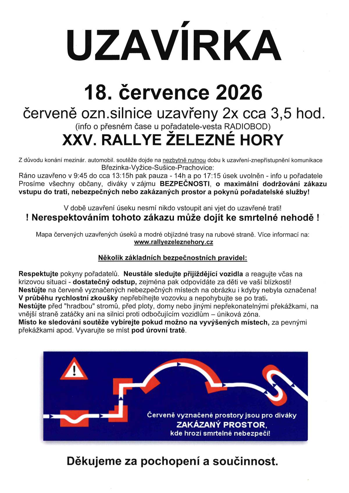 Dne 18.7.2026 proběhne XXV. RALLYE ŽELEZNÉ HORY. Pozor na uzavření silnic a využijte objízdné trasy.