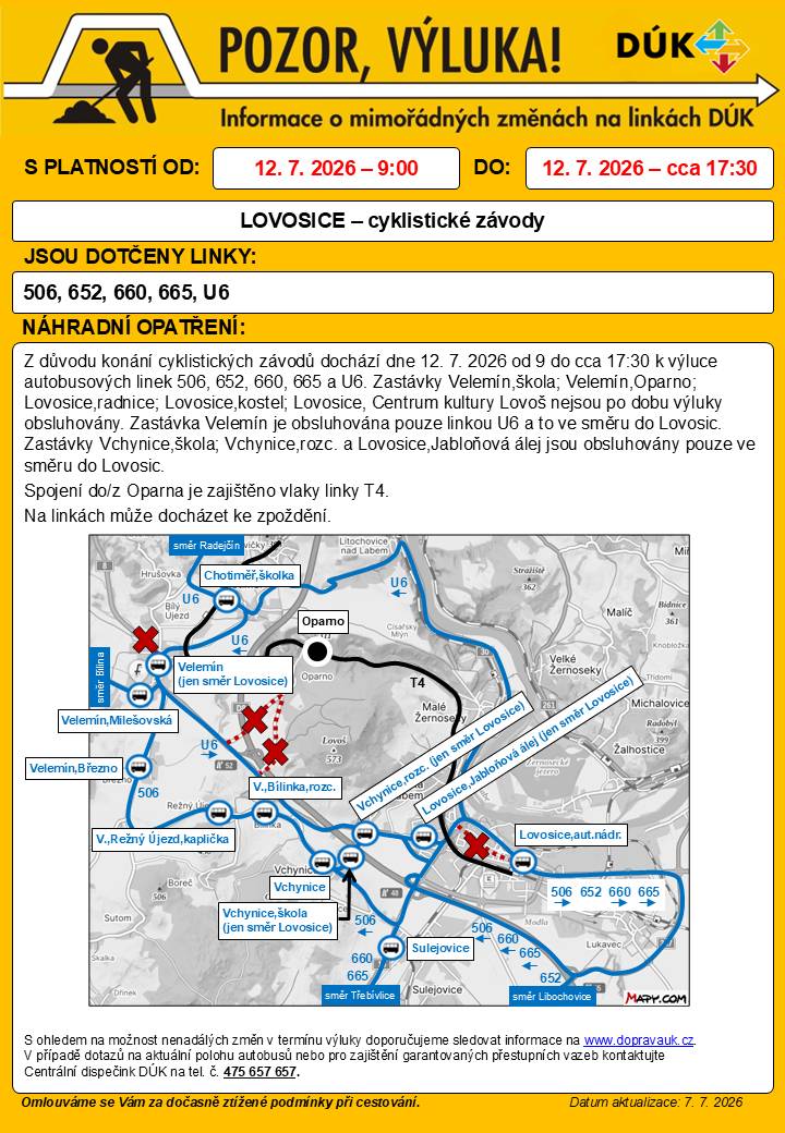 Z důvodu konání cyklistických závodů budou o víkendu 11. a 12.7.2026 v Lovosicích probíhat uzavírky komunikací a následné omezení provozu autobusových linek. Dne 11.7.2026 dojde k dočasné změně v provozu linky 652, dne 12. 7. 2026 od 9 do cca 17:30 k výluce autobusových linek 506, 652, 660, 665 a U6.  Více na https://www.kr-ustecky.cz/aktualne-platne-vyluky-a-mimoradnosti