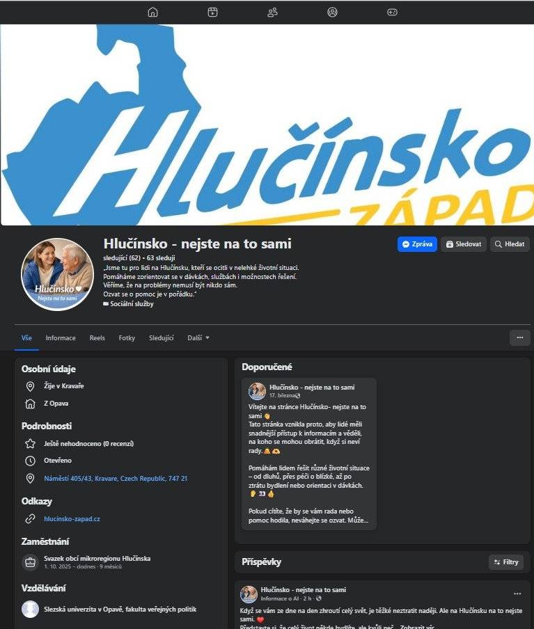 🤝 POMOC PRO OBČANY V NELEHKÉ ŽIVOTNÍ SITUACI Každý se může dostat do situace, kdy si neví rady – ať už jde o sociální dávky, rodinné nebo finanční problémy, péči o blízkého, bydlení, zdravotní omezení nebo jiné životní potíže. Na Hlučínsku existují služby a organizace, které lidem pomáhají zorientovat se v možnostech řešení a najít vhodnou pomoc. Zde jsou připravení vám pomoci. https://www.facebook.com/profile.php?id=61579429261499