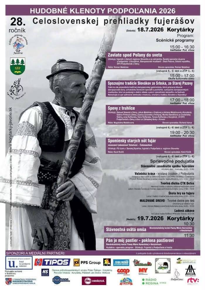 Obec Korytárky a OZ Javorie Vás srdečne pozýva na 28.ročník Celoslovenskej prehliadky fujerášov, ktorá sa bude konať v dňoch 18.07.2026-19.07.2026.  Všetci ste srdečne vítaní.