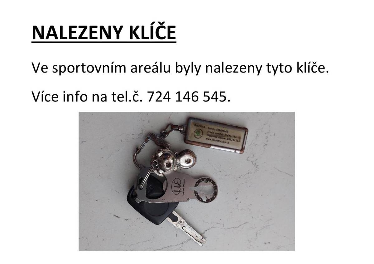Klíče byly nalezeny ve sportovním areálu.  Více info na tel.č. 724 146 545.